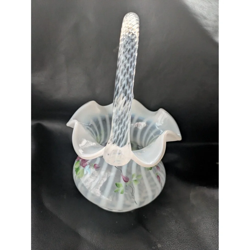 Fenton Basket French Opalescent Cottage Roses Hand Painted J D Davis 8 Inch